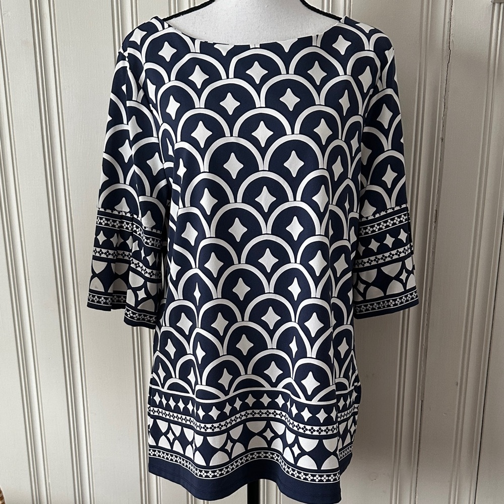 Charter Club Navy and White Patterned Women's Top Size L